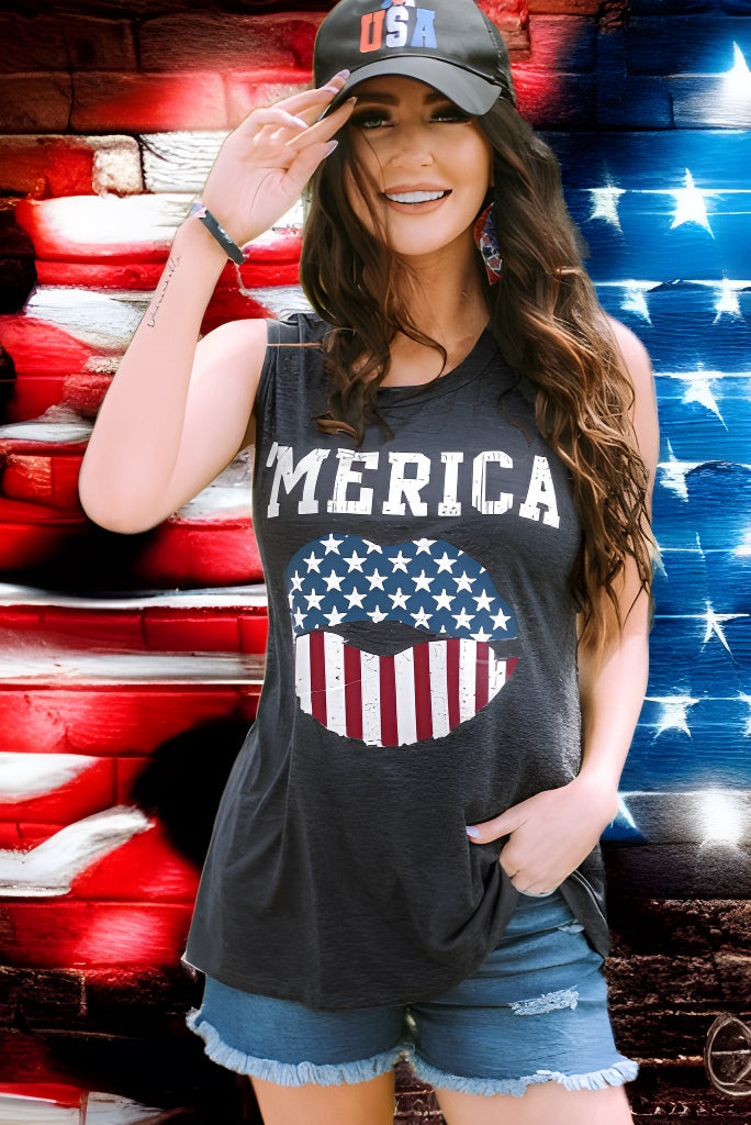 ’Merica Flag Lips Cut Out Back Sleeveless Top