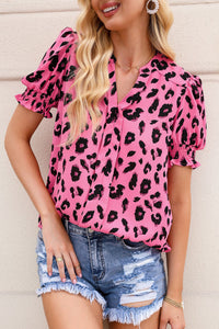 Dark Pink Leopard Print V-neck Bubble Sleeve Blouse