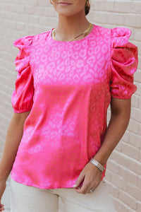 Fuchsia Pink Leopard Print Bubble Sleeve Blouse