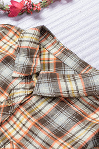 Classic fall colored plaid fabric in browns, orange and yellow. This flannel shirt has button up design with chest pocket. Warm and cozy for cooler weather. Wear alone or grab a cute tank or tee to throw on underneath for a fun casual look. Is roomy for sizes and has nice weight.  Cotton 35% Polyester 65% No stretch. 