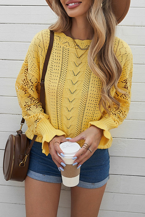 Yellow Lace Sleeve Pointelle Knit Sweater
