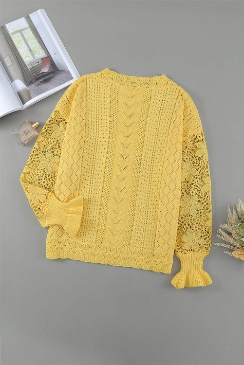 Beautiful yellow crocheted lace sleeve pointelle sweater. So soft and cozy, made with high quality knit fabric. Superior quality, you will not be disappointed! Nice roomy raglan style design.  45% Cotton 55% Acrylic 