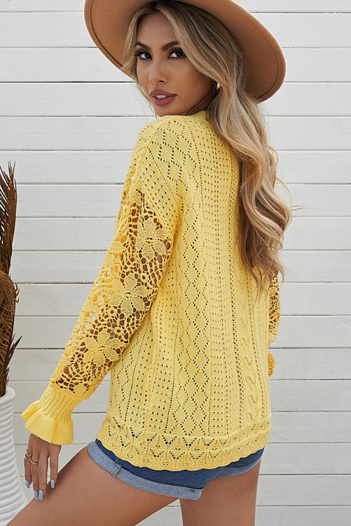 Beautiful yellow crocheted lace sleeve pointelle sweater. So soft and cozy, made with high quality knit fabric. Superior quality, you will not be disappointed! Nice roomy raglan style design.  45% Cotton 55% Acrylic 