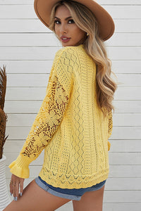 Beautiful yellow crocheted lace sleeve pointelle sweater. So soft and cozy, made with high quality knit fabric. Superior quality, you will not be disappointed! Nice roomy raglan style design.  45% Cotton 55% Acrylic 