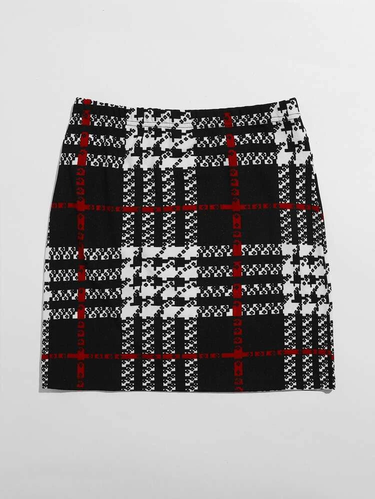 Black Plaid Stretch Knit Skirt
