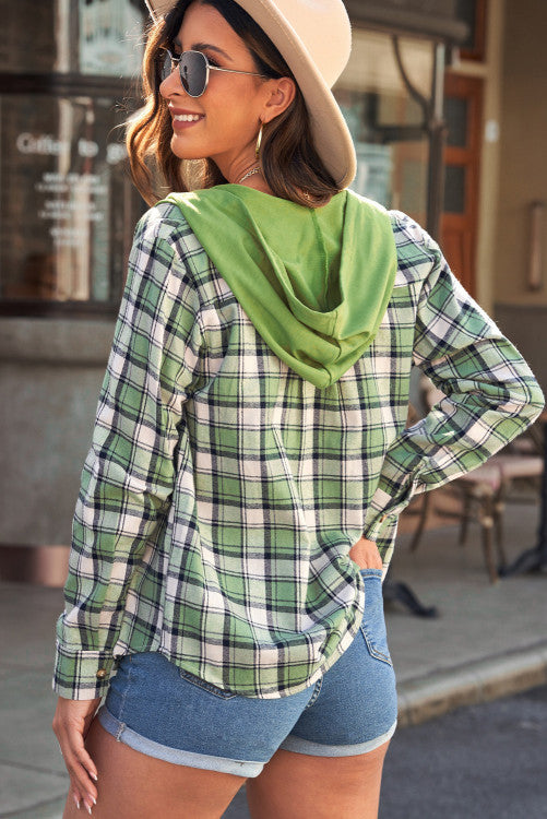 Green Grass Plaid Hooded Button Up Cotton Shirt