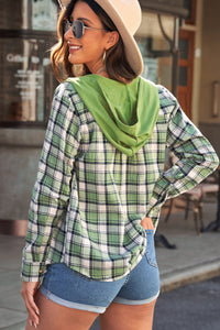 Green Grass Plaid Hooded Button Up Cotton Shirt