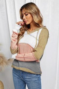 Sand and Peach Color-block Hooded Knit Sweater