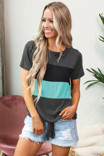 Gray Green Black Colorblock Tie Hem T-shirt