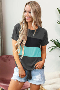 Gray Green Black Colorblock Tie Hem T-shirt