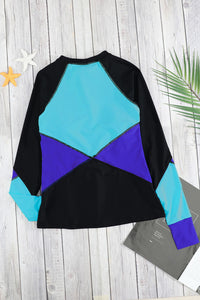 Blue Color Block Zip Up Rashguard Sports Top