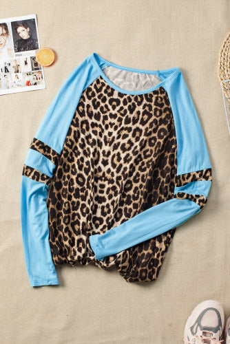 Turquoise Brown Leopard Print Raglan Jersey Top