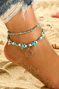 Turquoise and white double string beaded anklet. Made of round beads and white starfish with a metal attachment. Adjustable length clasp for a comfortable fit. 