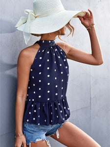 Navy blue polka dot ruffly babydoll halter top. Silky smooth lightweight fabric, perfect for warm weather. 
