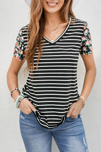 Floral Sleeves Black Striped T-shirt