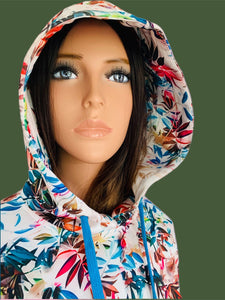 Colorful Plant Printed Cream Hooded Sweatshirt