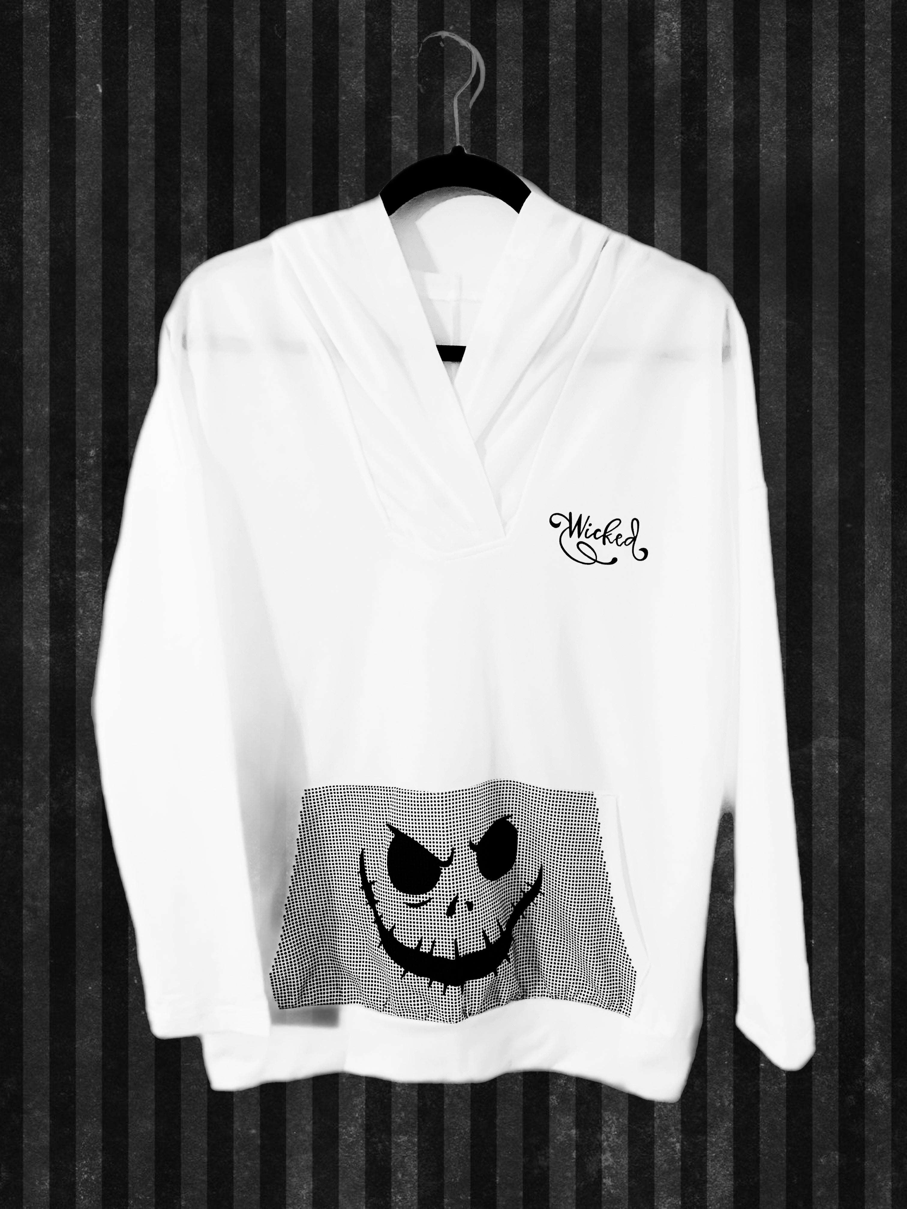 Wicked Halloween White & Black Print Pocket Hoodie