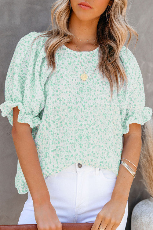 Mint Floral Puff Sleeve Crinkle Blouse
