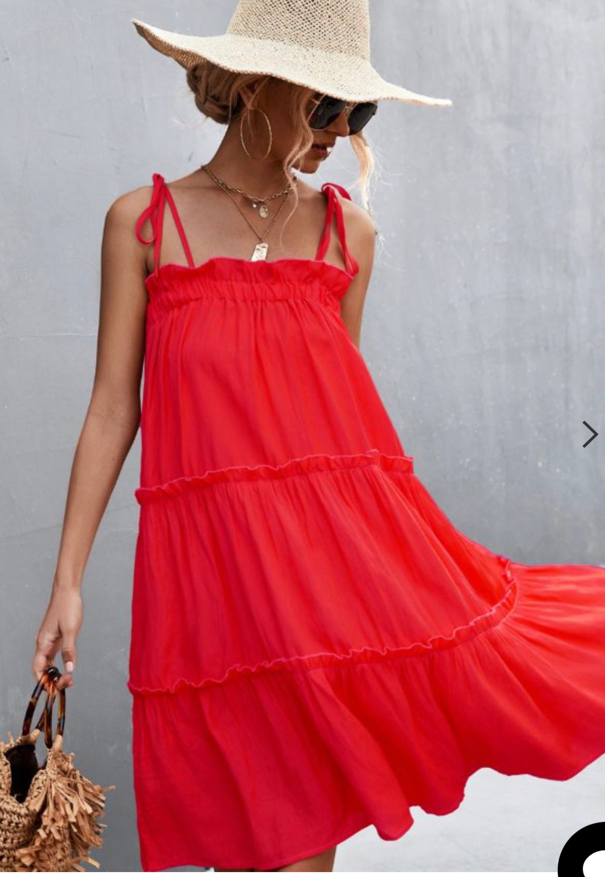 Super cute beautiful red ruffly tiered sun dress with shoulder tie straps. Nice and roomy, lightweight flowy dress that is perfect for hot sunny days. 