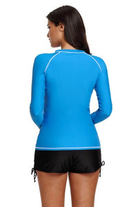 A long-sleeve sport top not only great for aquatic activities but also suitable for jogging, yoga and some stretching exercises. Quick-drying, stretch fabric blend provides for a superb wear, while giving protection to shield you from the sun's harmful rays. Flatlock seams minimize chafing and irritation. Featured by unique print patterns!  