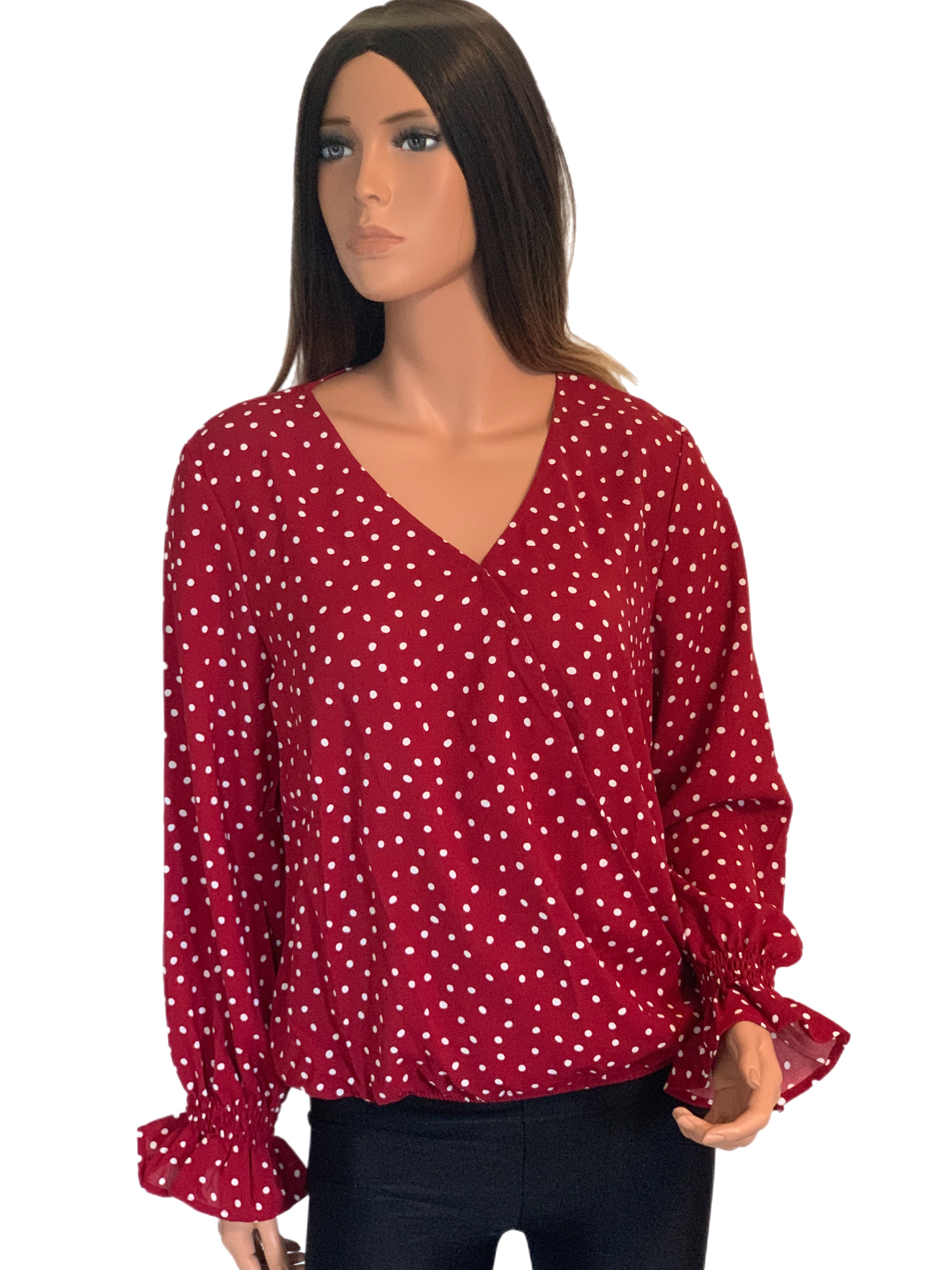 Paprika Polka Dot V-neck Ruffly Sleeve Blouse