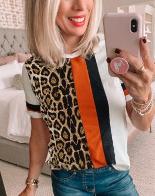Leopard Print Orange Colorblock Tee