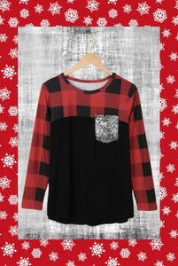 Red Buffalo Plaid Sequined Pocket Long Sleeve Top