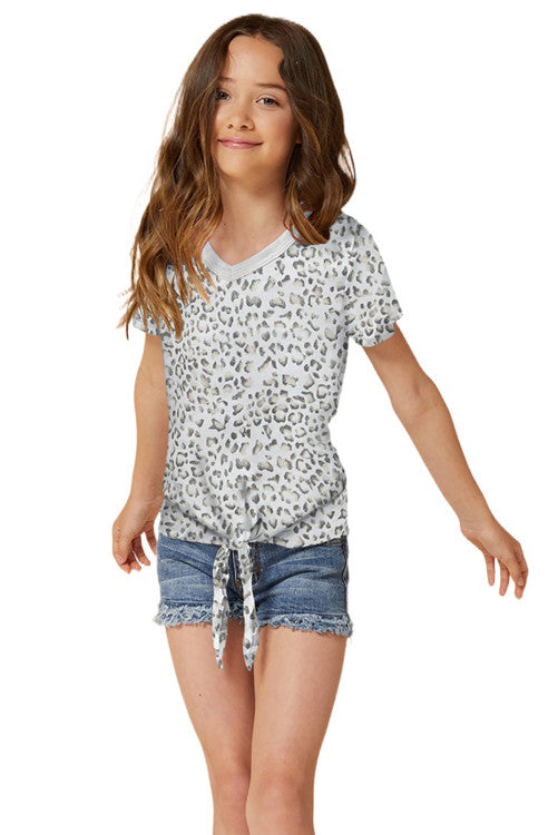 Girls Pastel Blue Leopard Print Tied Short Sleeve Tee