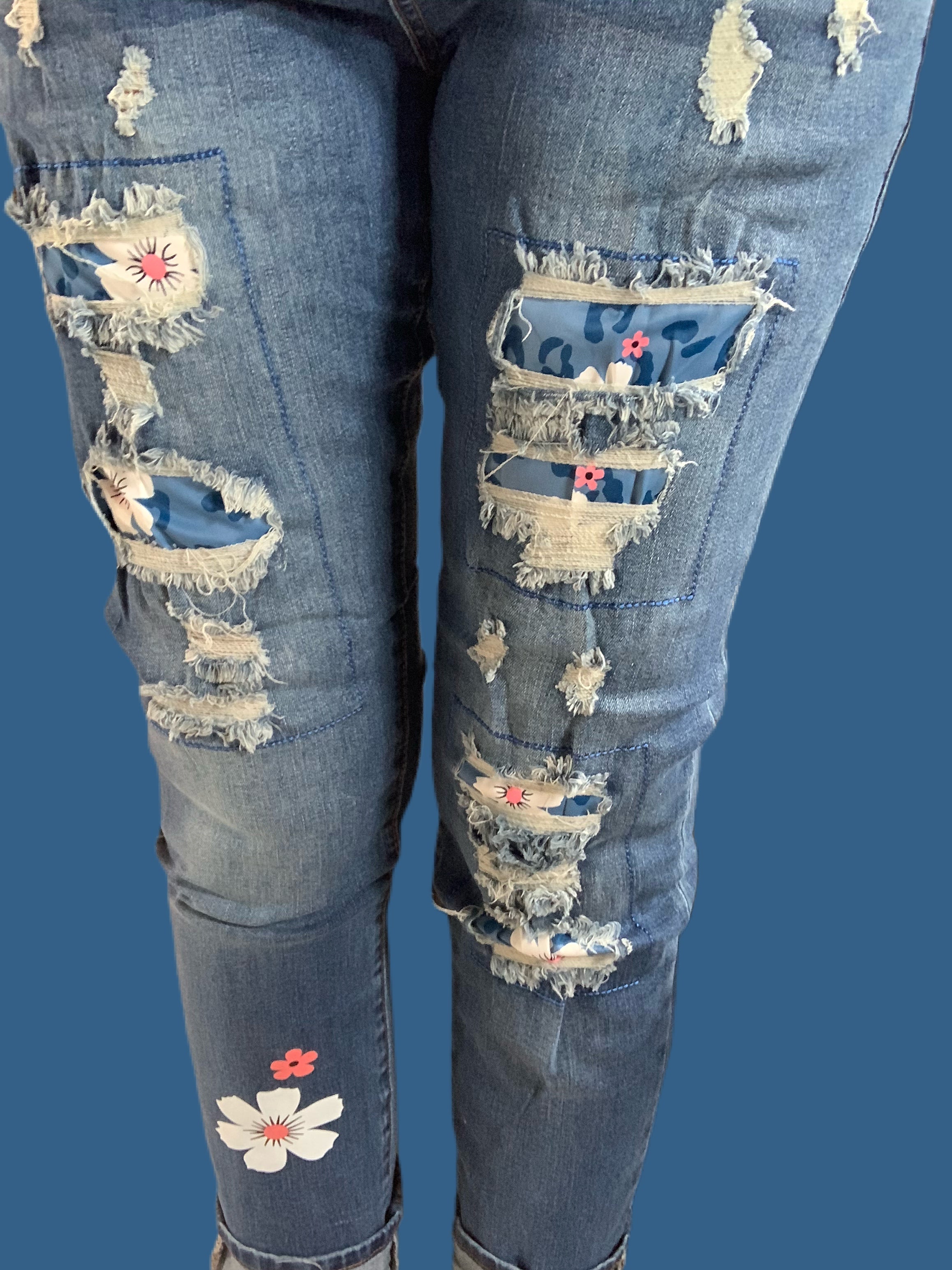 Blue Daisy Patches Stretch Denim Jeans