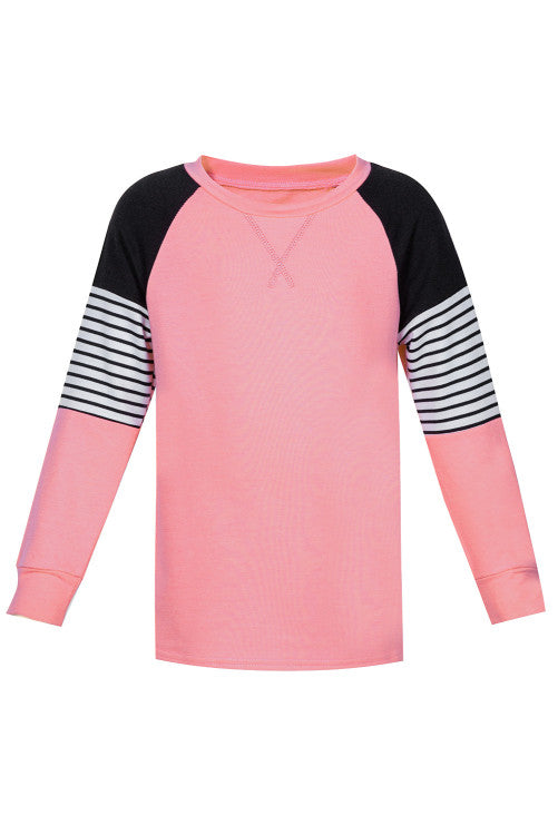 Girls Pink Black and White Striped Colorblock Pullover w/Pockets