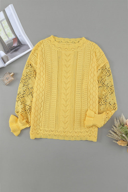 Yellow Lace Sleeve Pointelle Knit Sweater