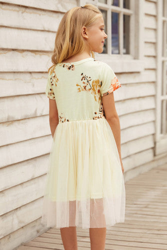 Girls Pastel Yellow Floral Empire Waist Tulle Dress
