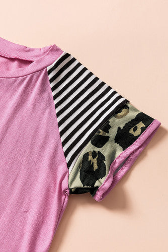 Girls Pink Striped Leopard Print Sleeve Tee
