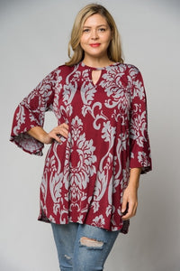 Burgundy Gray Damask Print Plus Size Tunic
