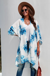 Blue Floral White Chiffon Kimono
