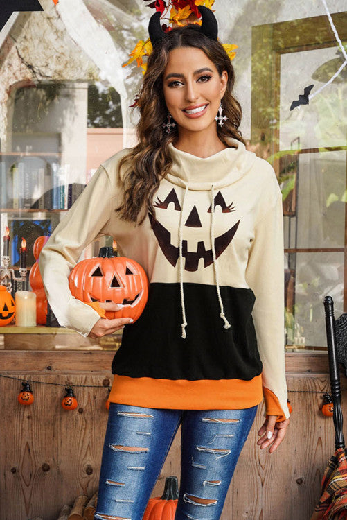 Cowl Neck Pumpkin Print Color Block Halloween Sweatshirt