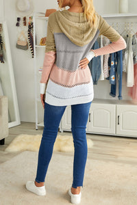 Sand and Peach Color-block Hooded Knit Sweater