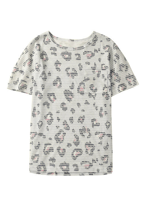 Beige Waffle Knit Pink Navy Leopard Print Tee