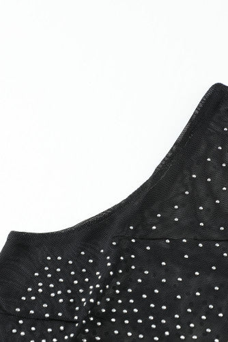 Black Sheer Rhinestone Studded Sleeveless Bodysuit