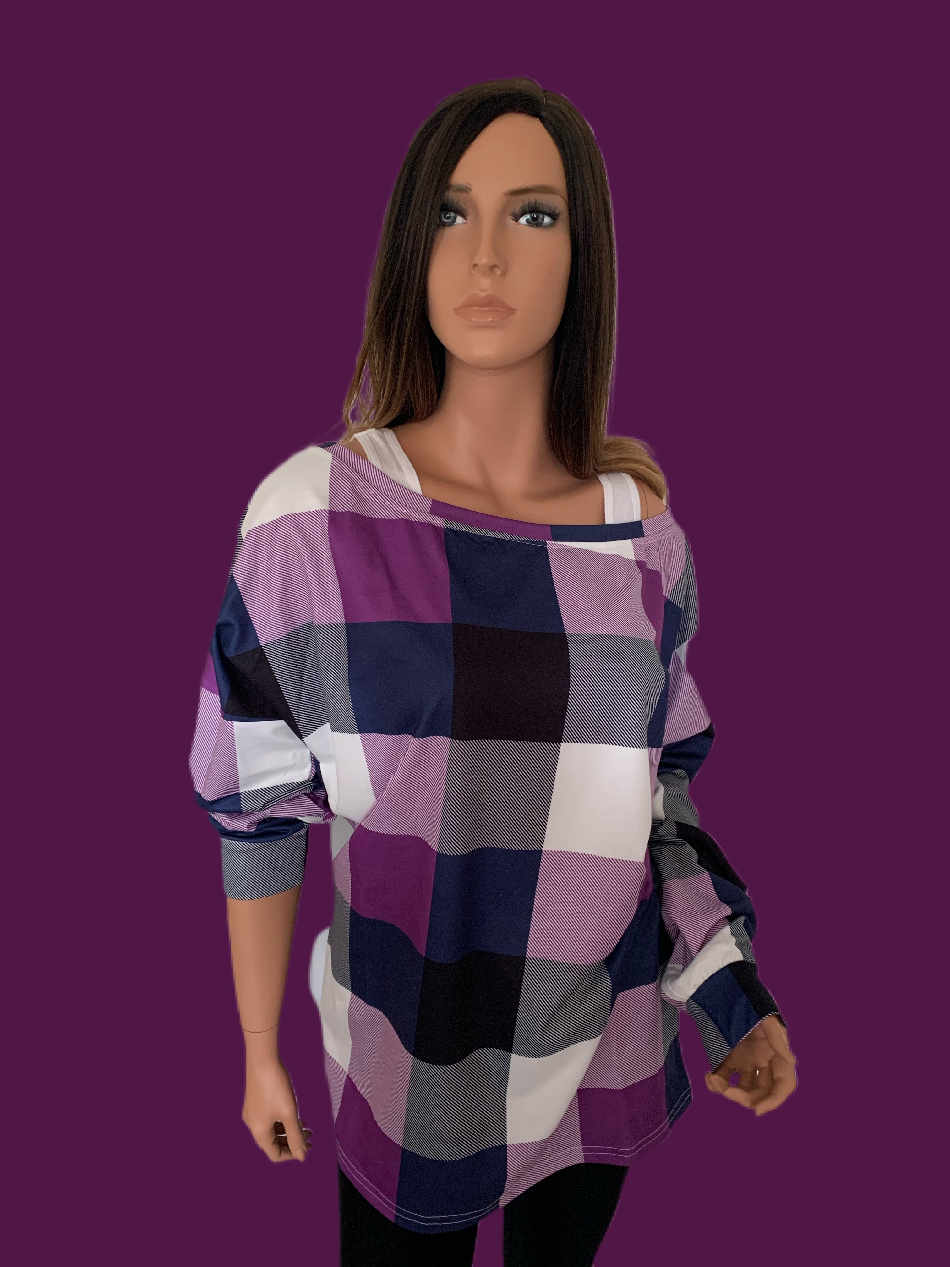 Purple Plaid Round Neck Long Sleeve Shirt