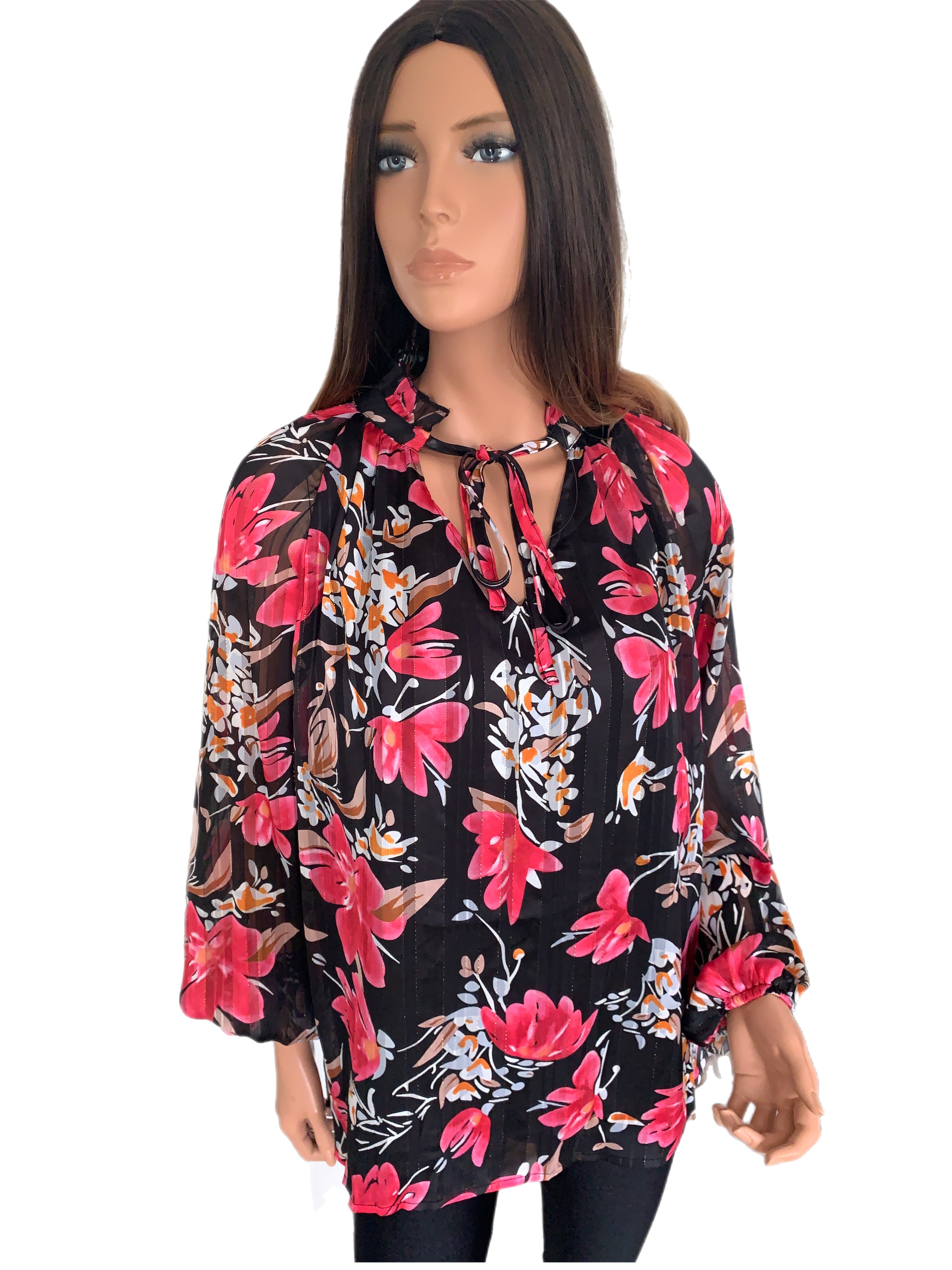 Black & Fuchsia Floral V-Neck Tie Blouse