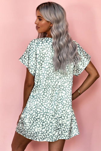 Sage leopard print silky smooth cotton blend flowy mini dress with pockets. Very roomy! Could downsize. 