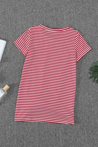 Girls Red Striped Short Sleeve Front Twist Tunic Top