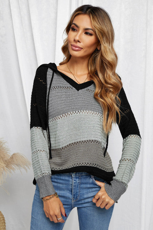 Black Charcoal Gray Color-block Hooded Sweater