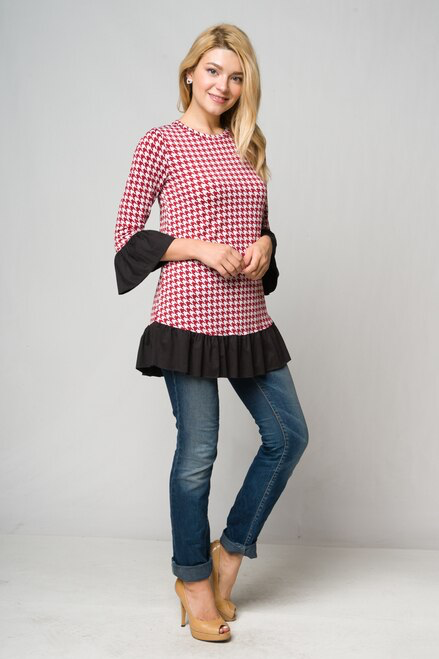 Maroon Herringbone Black Ruffle Trim Tunic  Silky feel stretchy polyester tunic.  Fits true to size guide.    Made in the USA   
