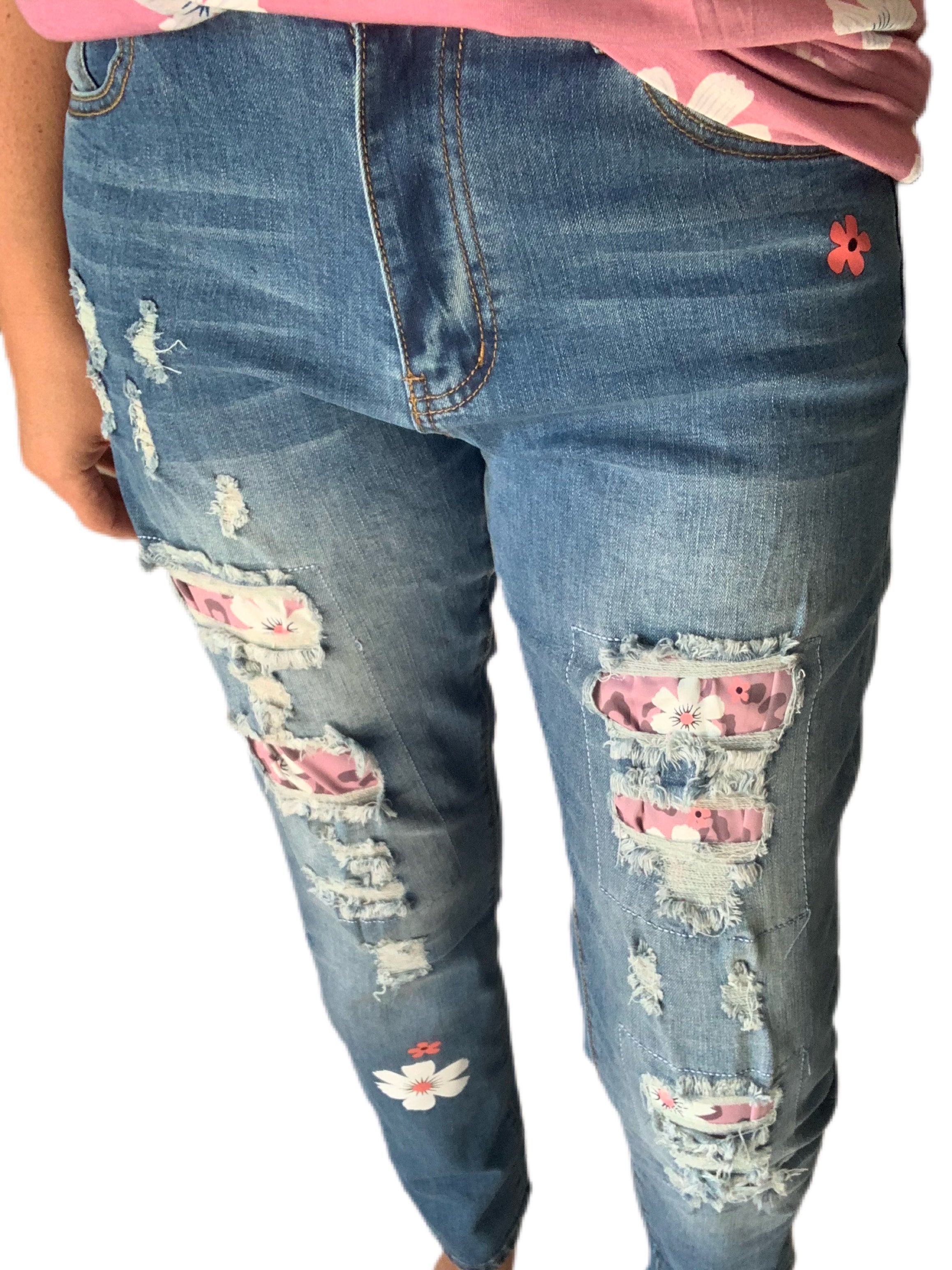 Rosy Pink Daisy Patches Stretch Denim Jeans