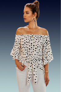 Cream Black Polka Dot Bell Sleeve Off Shoulder Front Tie Knot Top