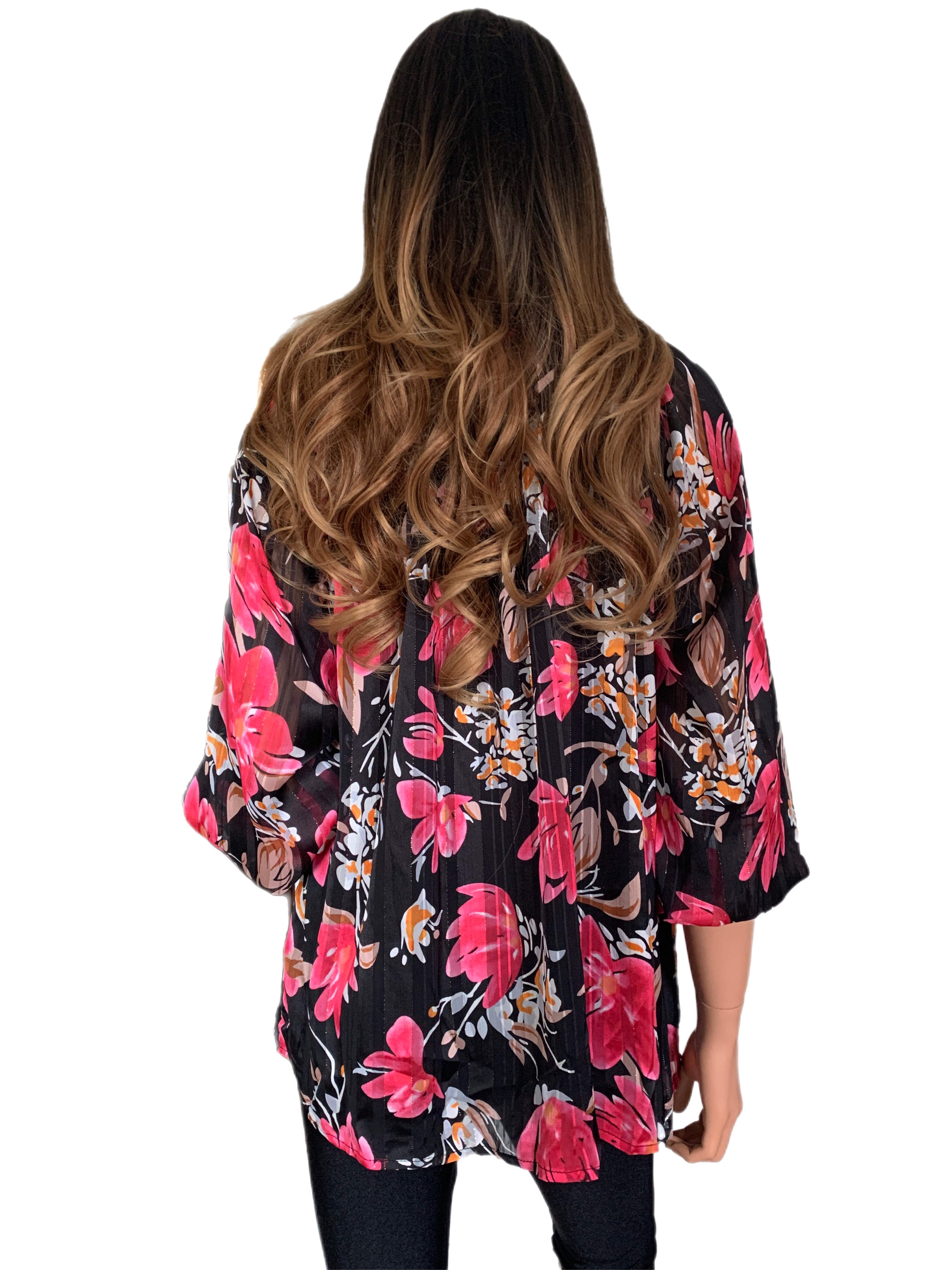 Black & Fuchsia Floral V-Neck Tie Blouse