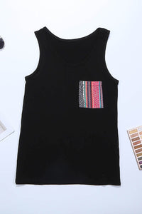 Casual Black Knit Tank Top with Striped Pocket