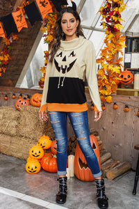 Cowl Neck Pumpkin Print Color Block Halloween Sweatshirt